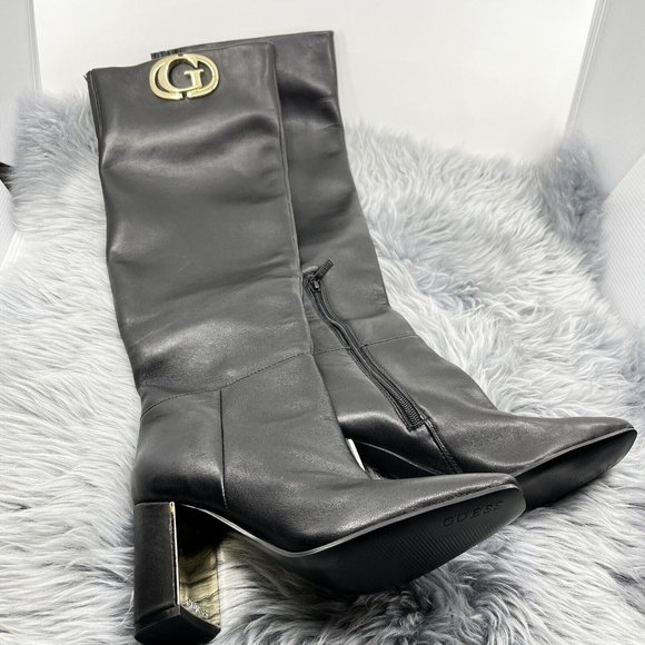Guess Elandre Black Leather Over the Knee Heeled Gold Signature Boots 5.5 NEW - Picture 2 of 9
